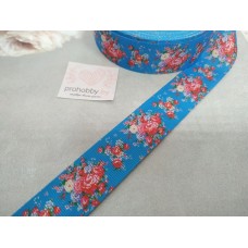 Лента репсовая 25 мм "Букеты цветов на синем"